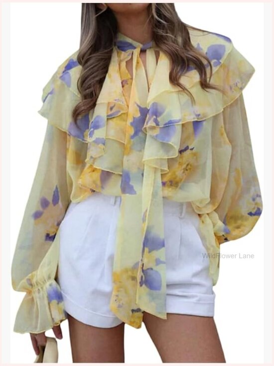 Tops - Floral Ruffle Blouse Tie Neck Bell Sleeve Layered Top
